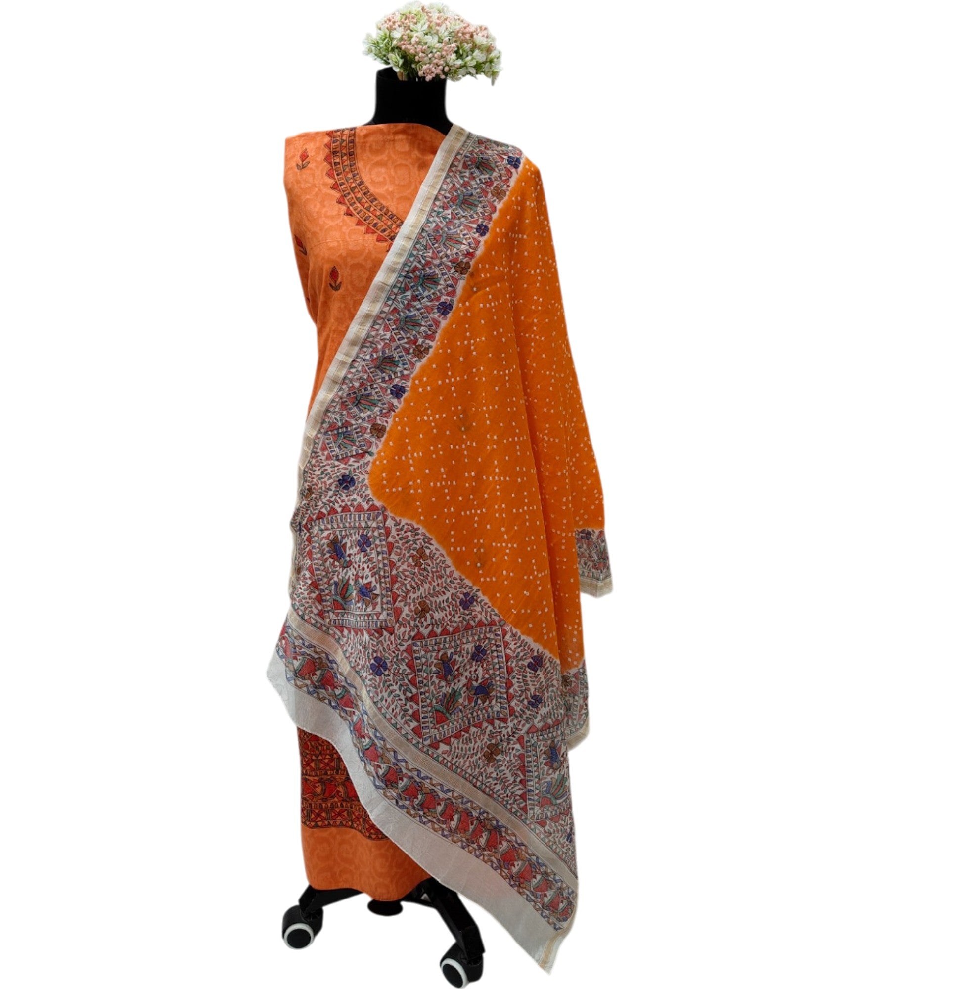 Hand-Painted Unstitched Madhubani Chanderi Suit Set in Orange
